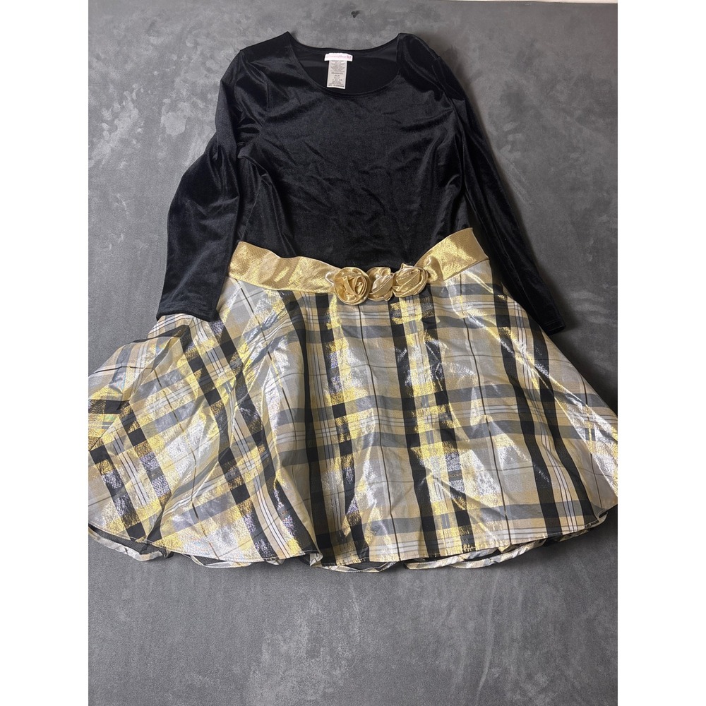 Bonnie Jean Girls Black Velvet Gold Metallic Plaid Holiday Party Dress Size 20.5